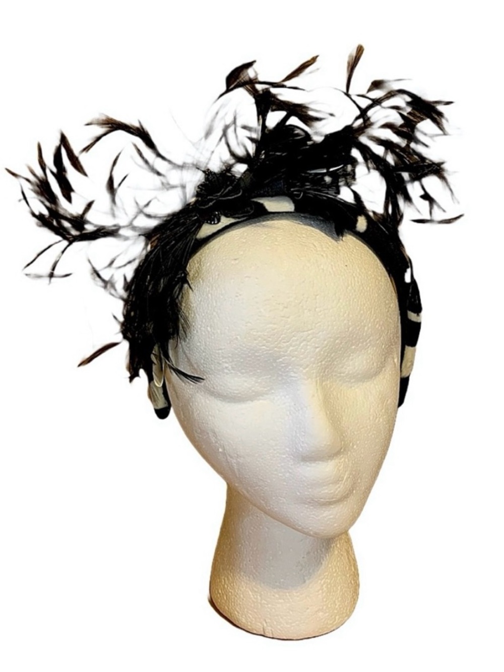 MARZI ITALY BLACK & WHITE ZEBRA PRINT VELVET & FEATHER HANDMADE HEADBAND